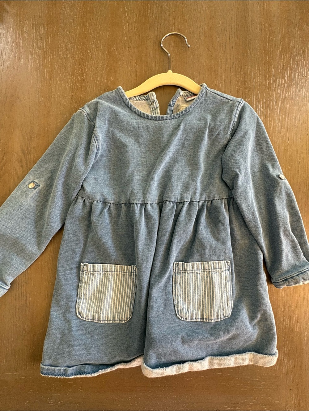 Zara Blue Long-Sleeve Denim-Style Dress with Striped Patch Pockets